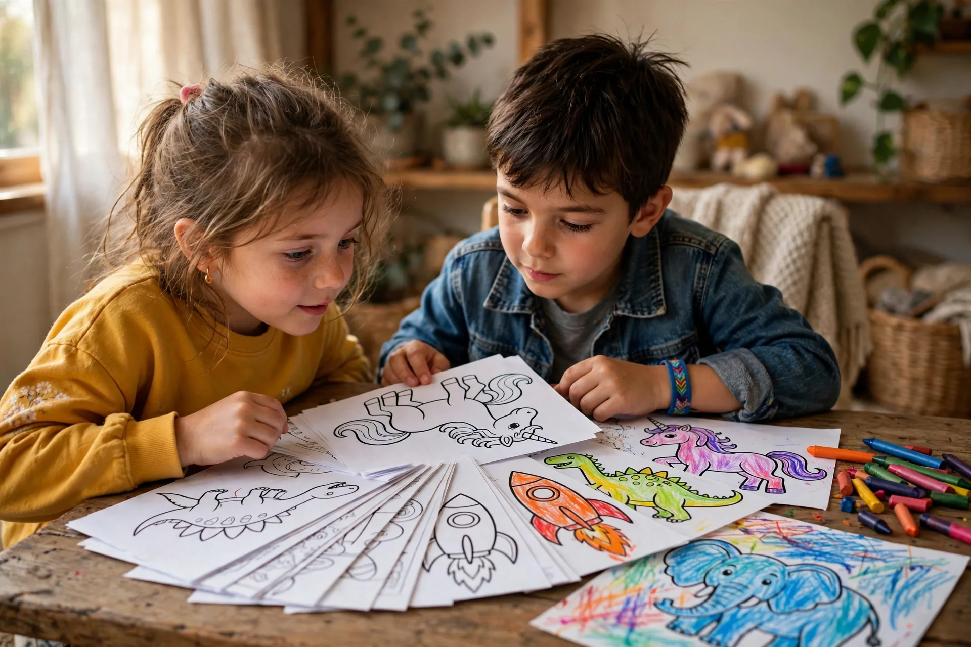 Two kids choosing from a fanned stack of themed coloring pages with a unicorn dinosaur rocket and elephant