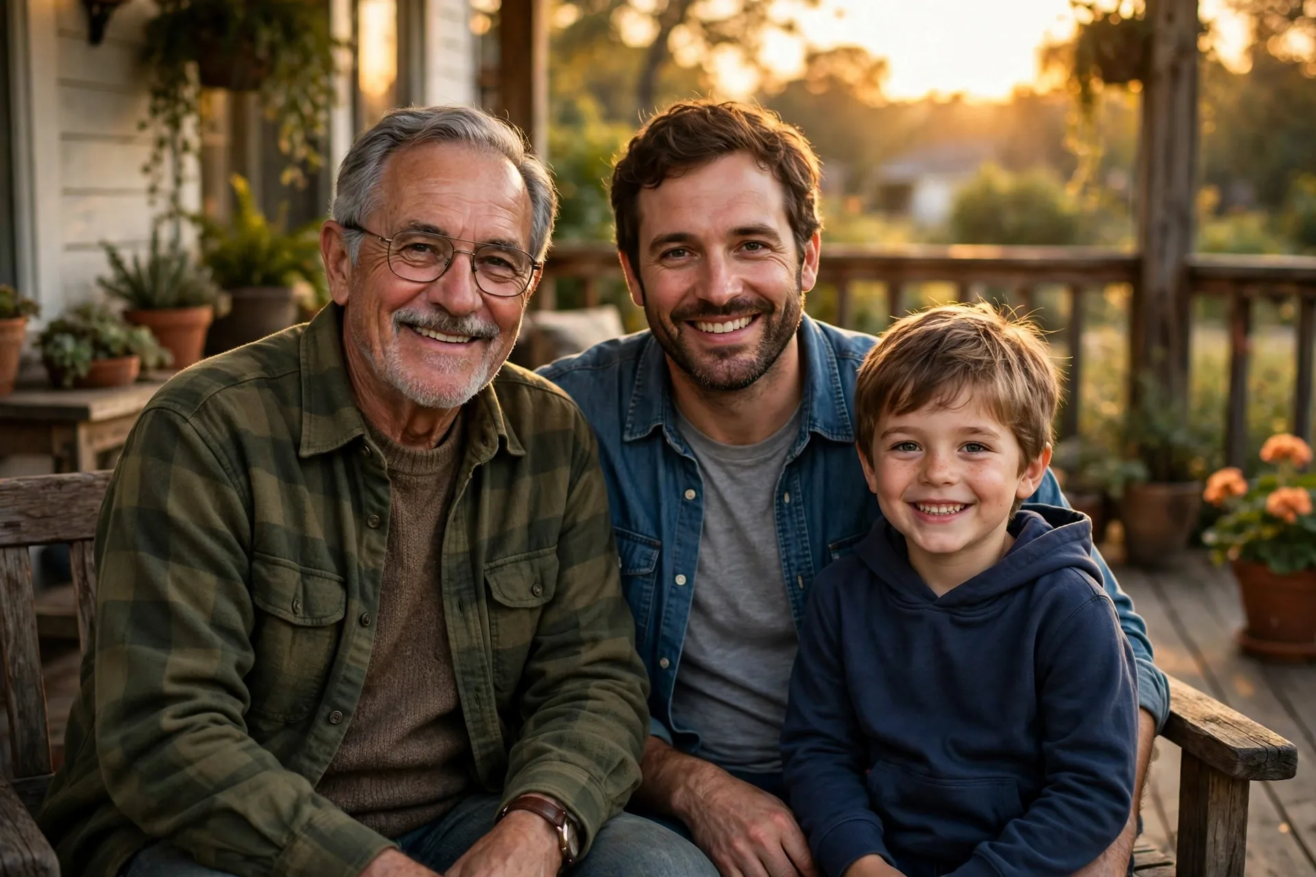 Three generations, a grandpa, a dad, and a young child, sitting together on a porch bench