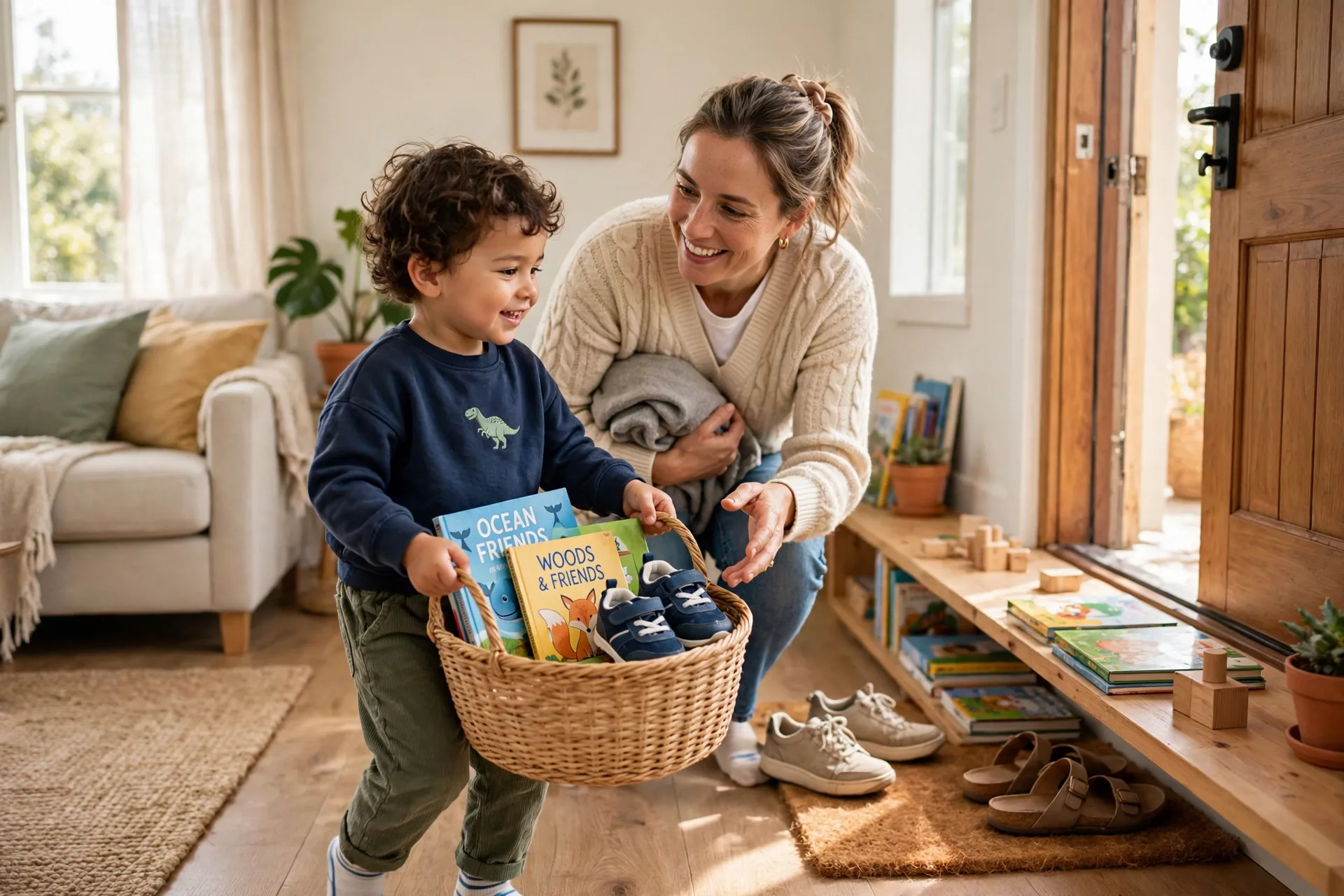Mom and toddler tidying toys together into a basket