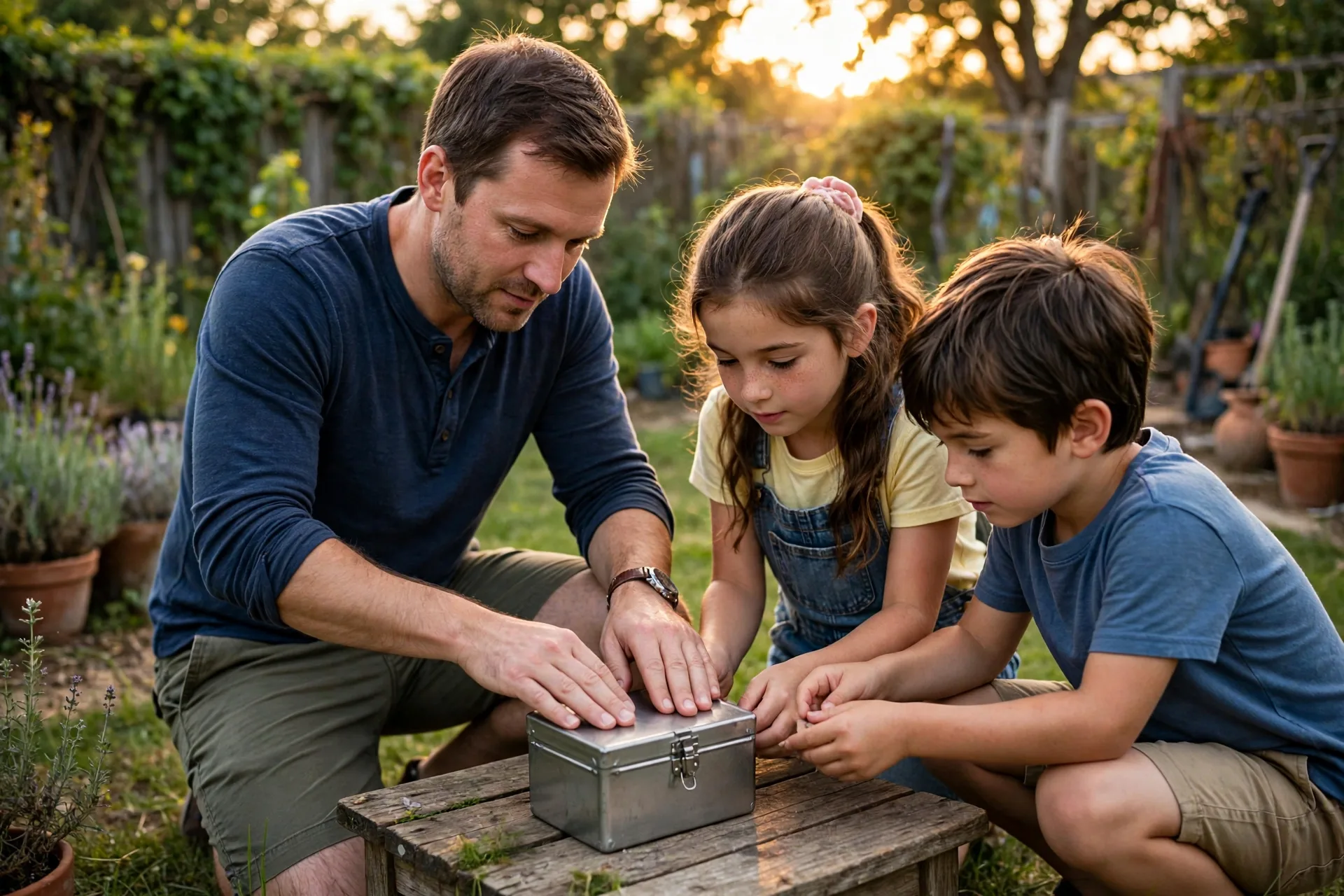 A family sealing a small metal time capsule box with letters and drawings in a backyard