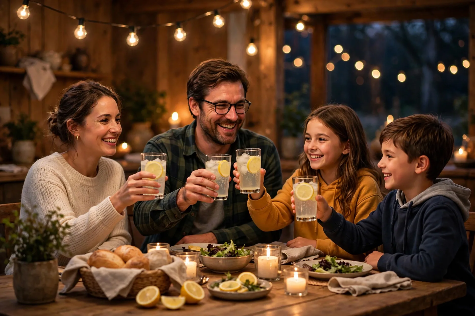 A family raising glasses of sparkling lemonade in a toast at a dinner table, Dad in the middle smiling