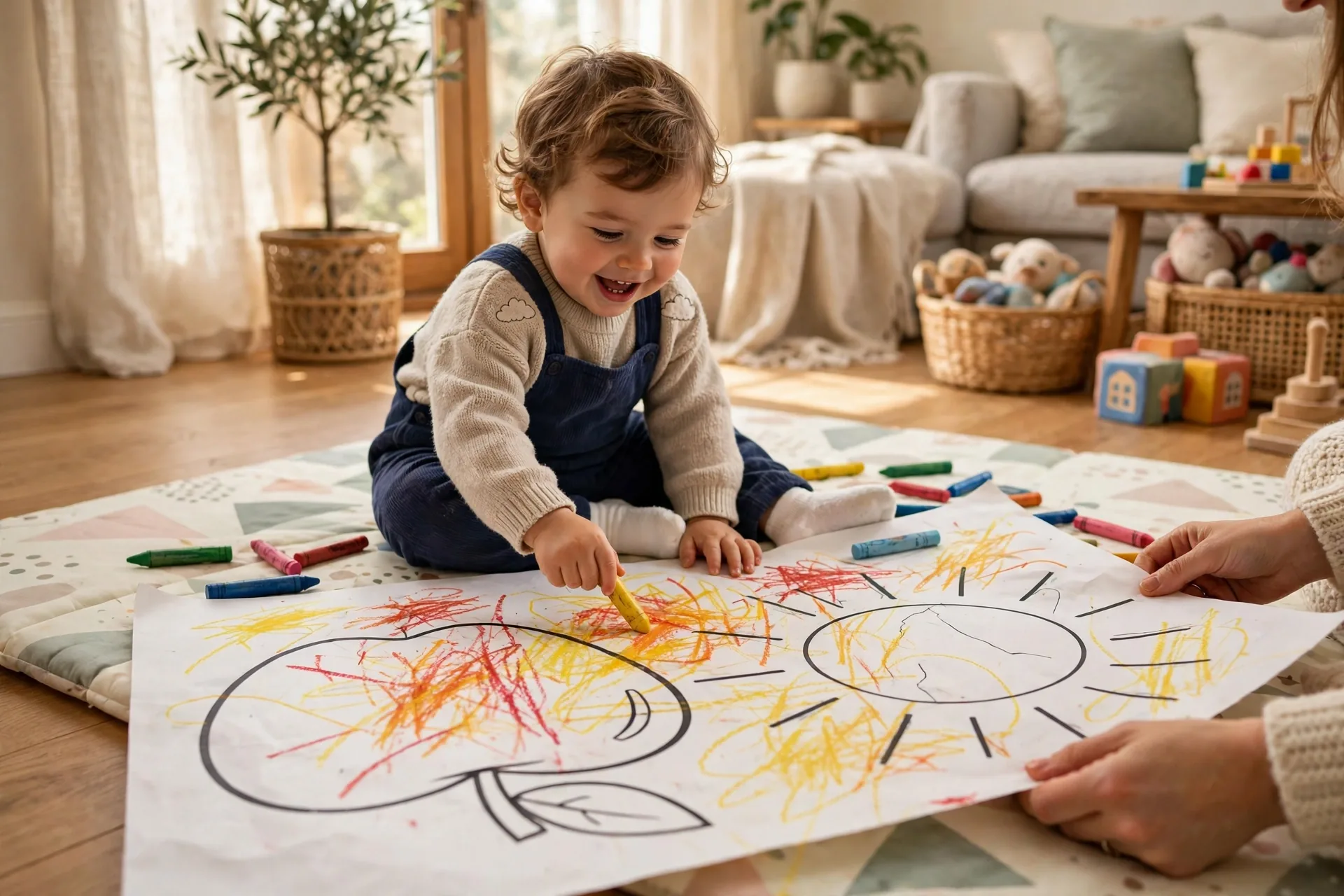 Toddler scribbling with chunky crayons on a big simple coloring page on a play mat