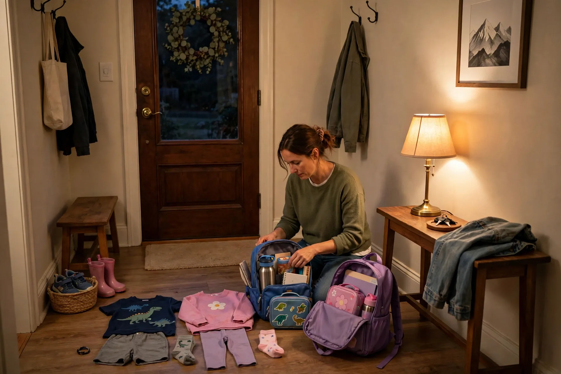A mom laying out two kids outfits and packing school bags by the front door the night before
