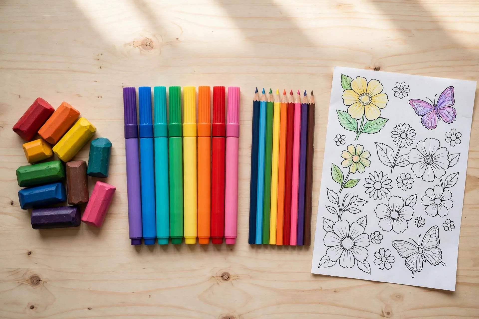 Flat lay of chunky crayons washable markers and colored pencils beside a half-colored flower coloring page