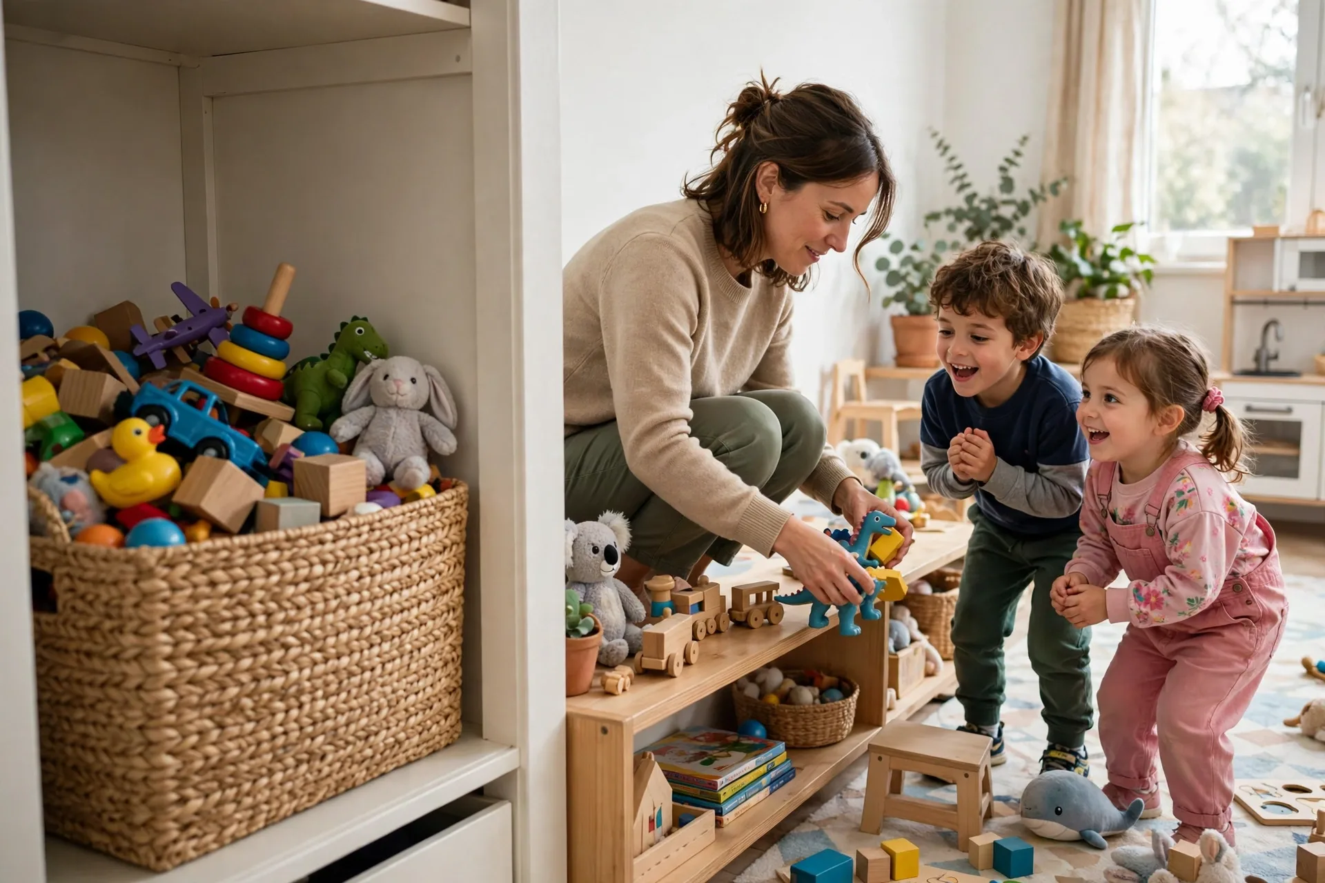 A closet bin half full of rotated toys, a mom swapping a few toys onto a low shelf