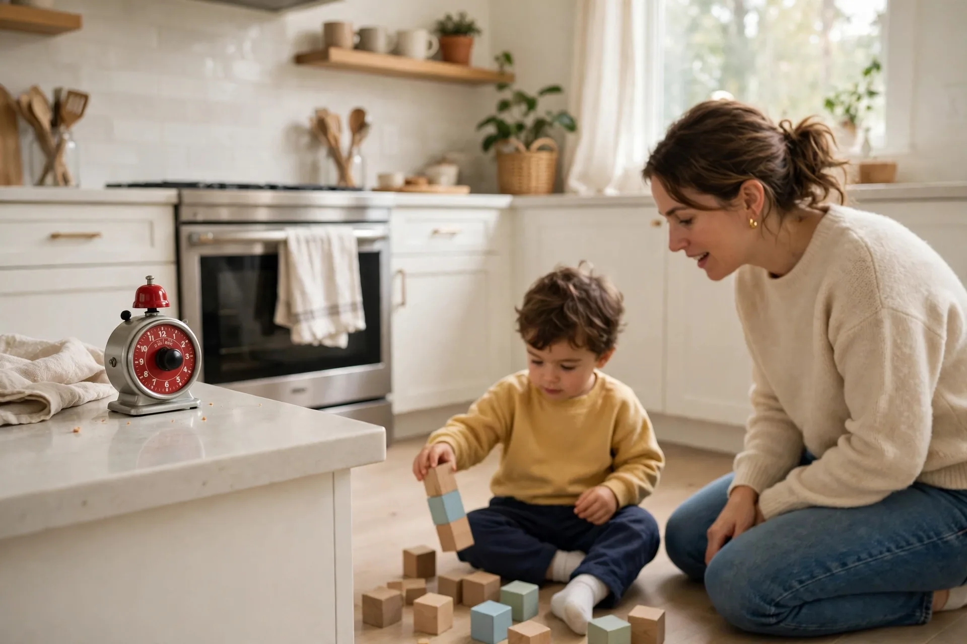 A kitchen timer on the counter while a toddler finishes playing with blocks