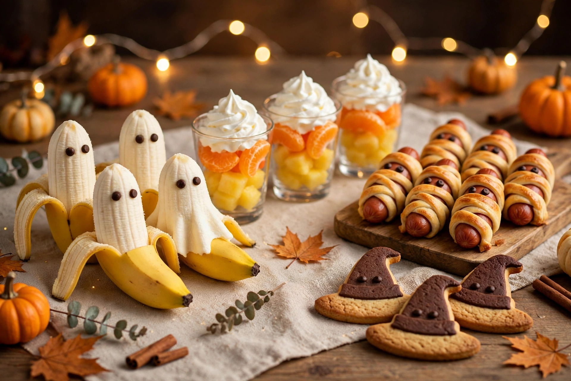 Kid-friendly Halloween treats &mdash; ghost bananas, mummy hot dogs and candy corn fruit cups