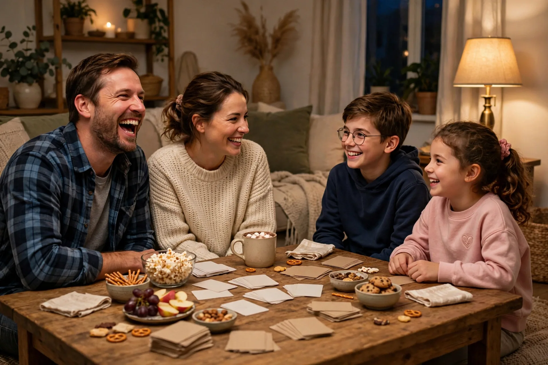 A family playing a homemade trivia game about Dad around a living room coffee table