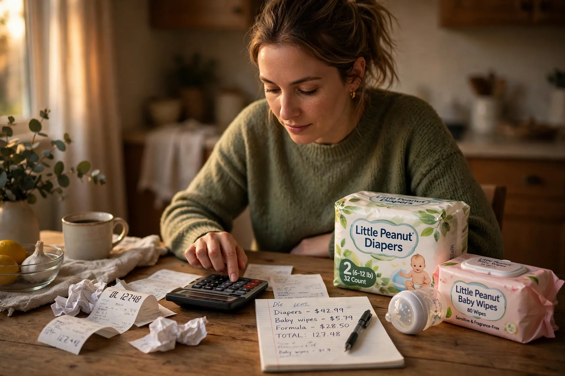 A mom adding up the true cost of a product with a calculator and receipts
