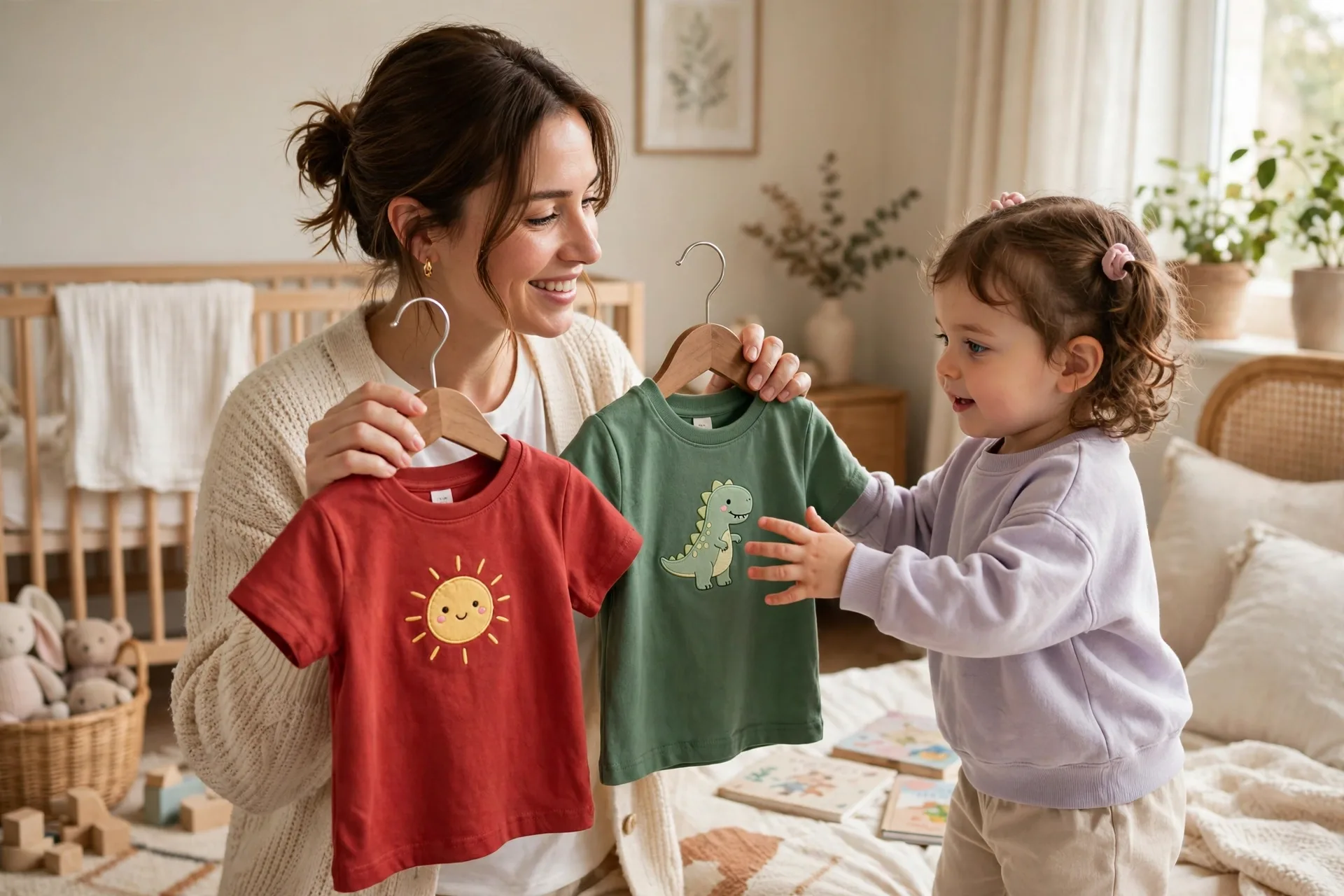 Mom holding up a red and a green shirt for her toddler to choose between