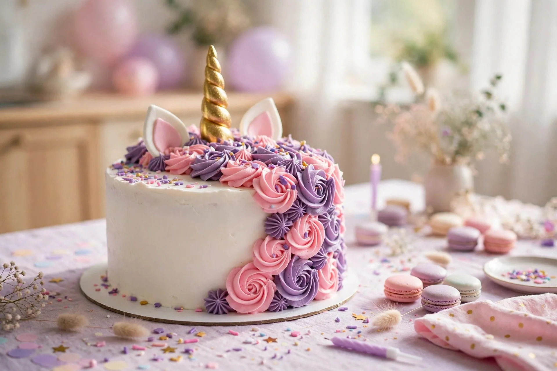 White unicorn birthday cake with pink and purple frosting mane and a gold horn
