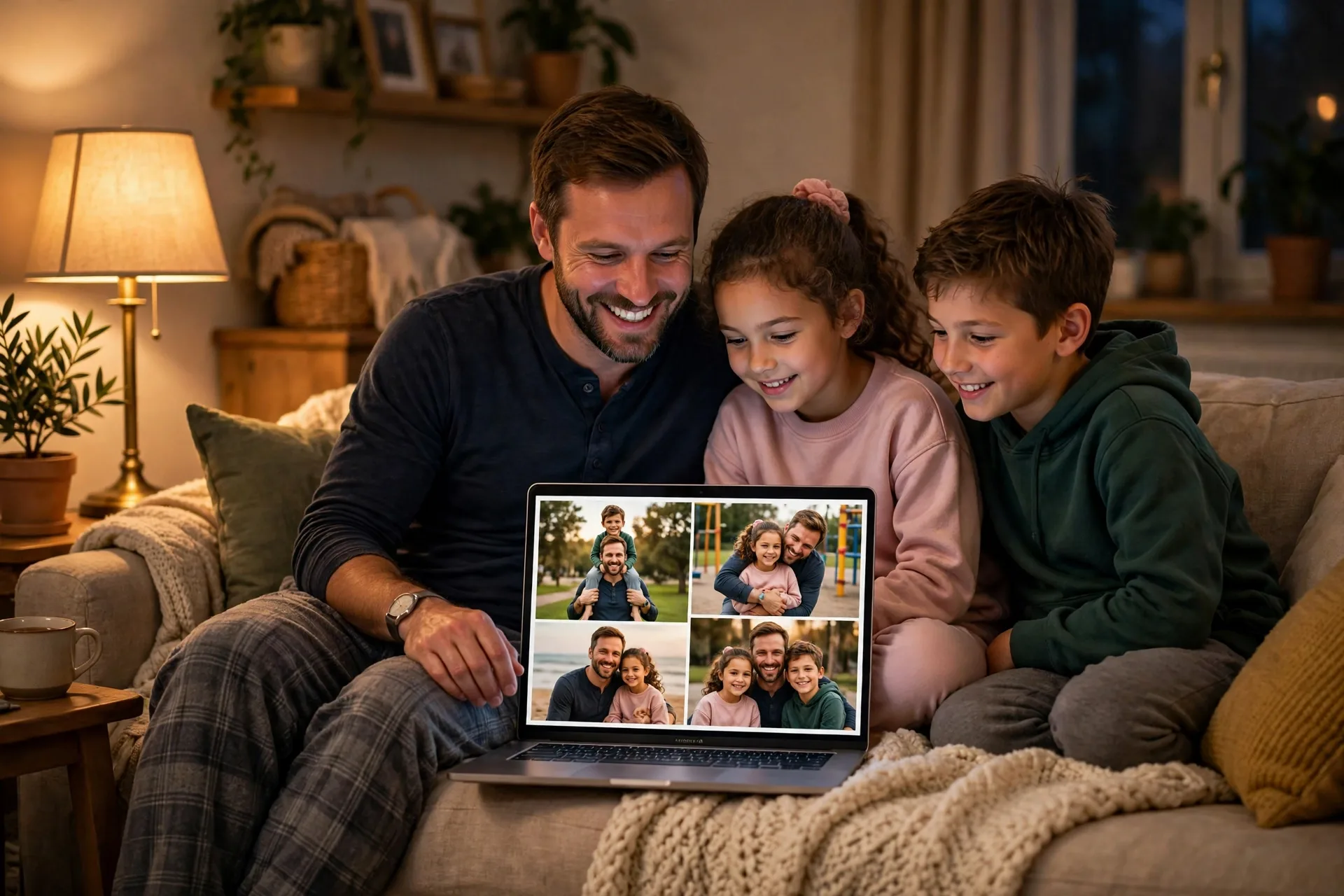 A family watching a video montage on a laptop on a couch, Dad smiling at photos on the screen