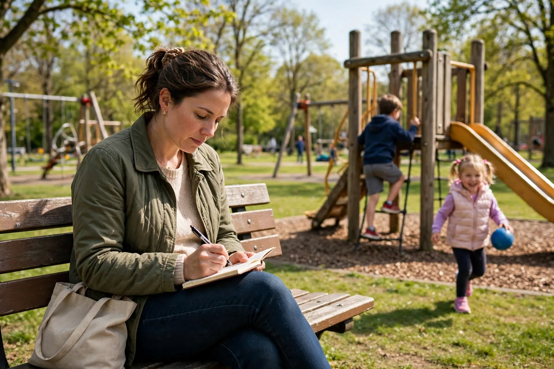 A mom at a playground bench with a small notebook, writing a two-minute task while her kids play