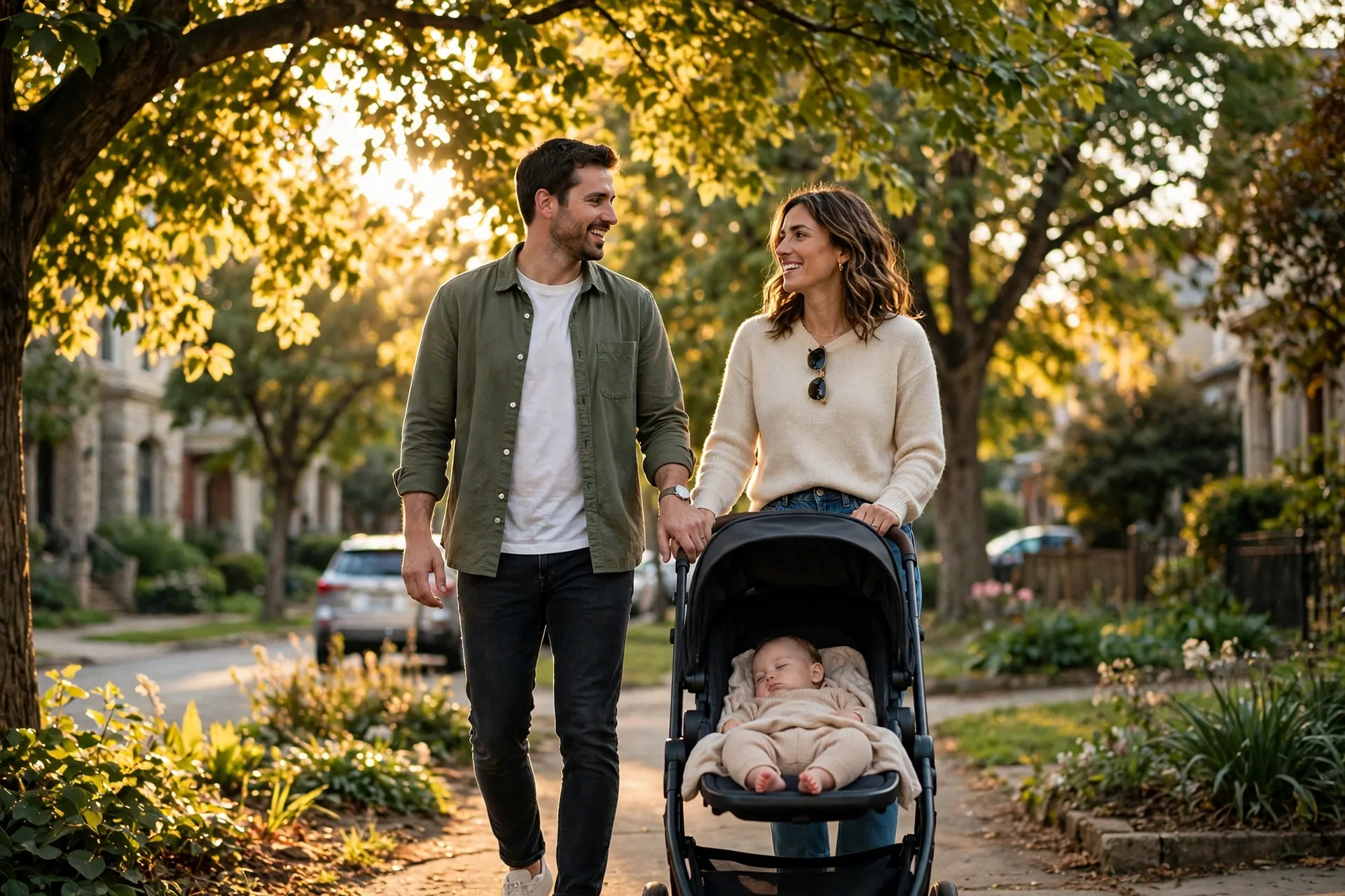 Couple holding hands while pushing their baby in a stroller down a tree-lined street at golden hour