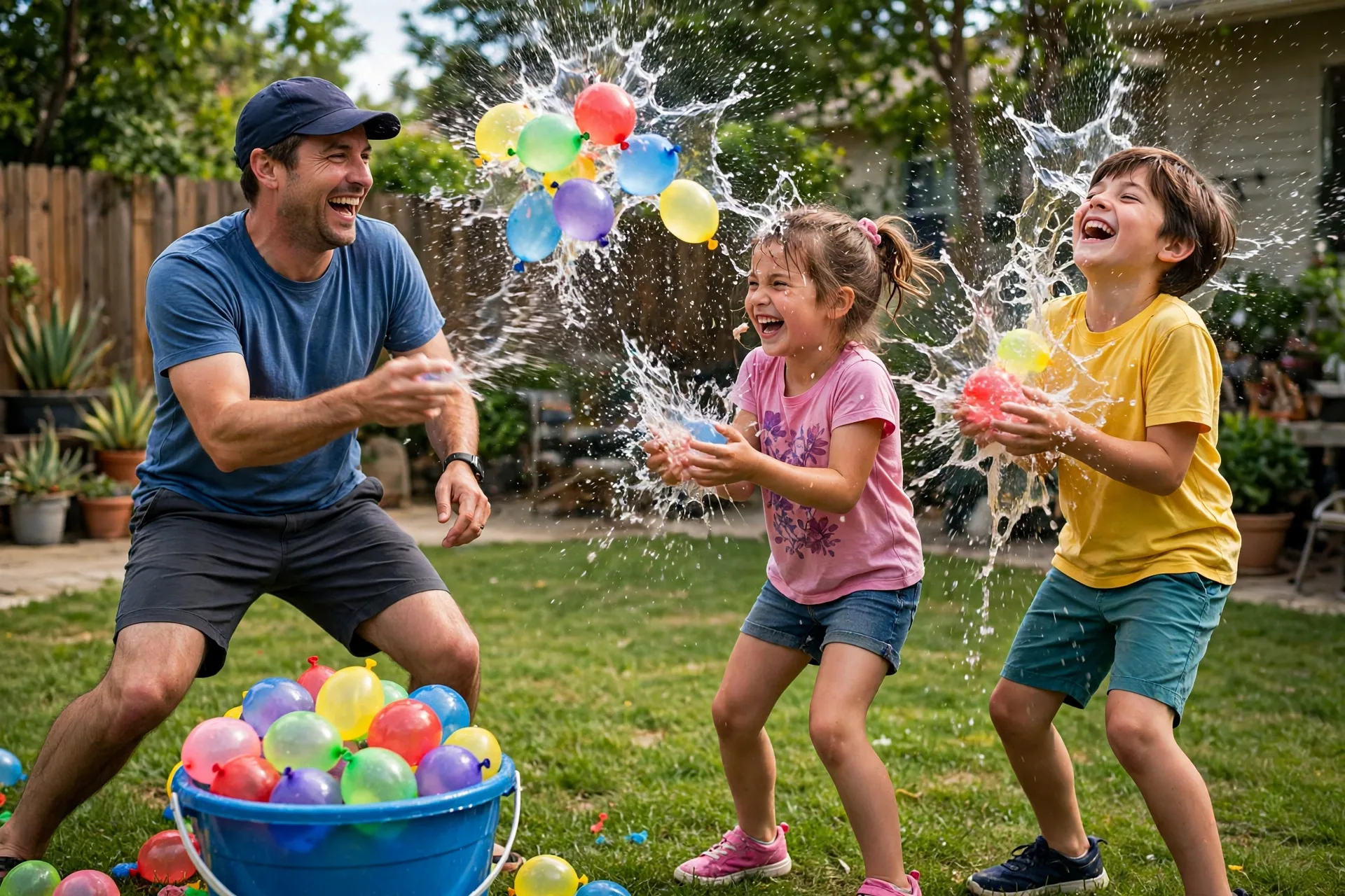 A backyard water balloon fight with Dad and two kids laughing, colorful balloons bursting