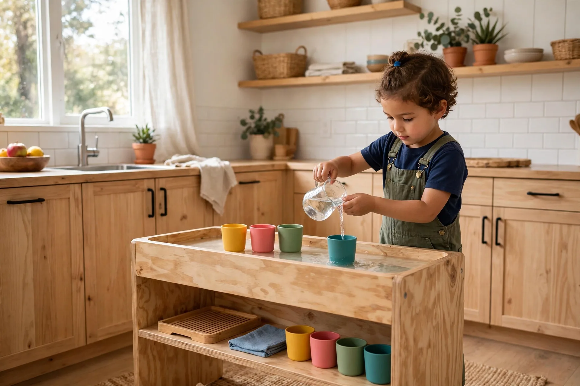 A low water station in a kitchen with a small pitcher and colorful cups at kid height