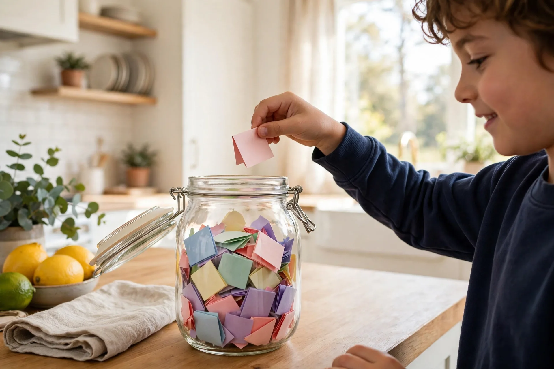 A glass win jar on a kitchen counter filled with colorful slips of paper