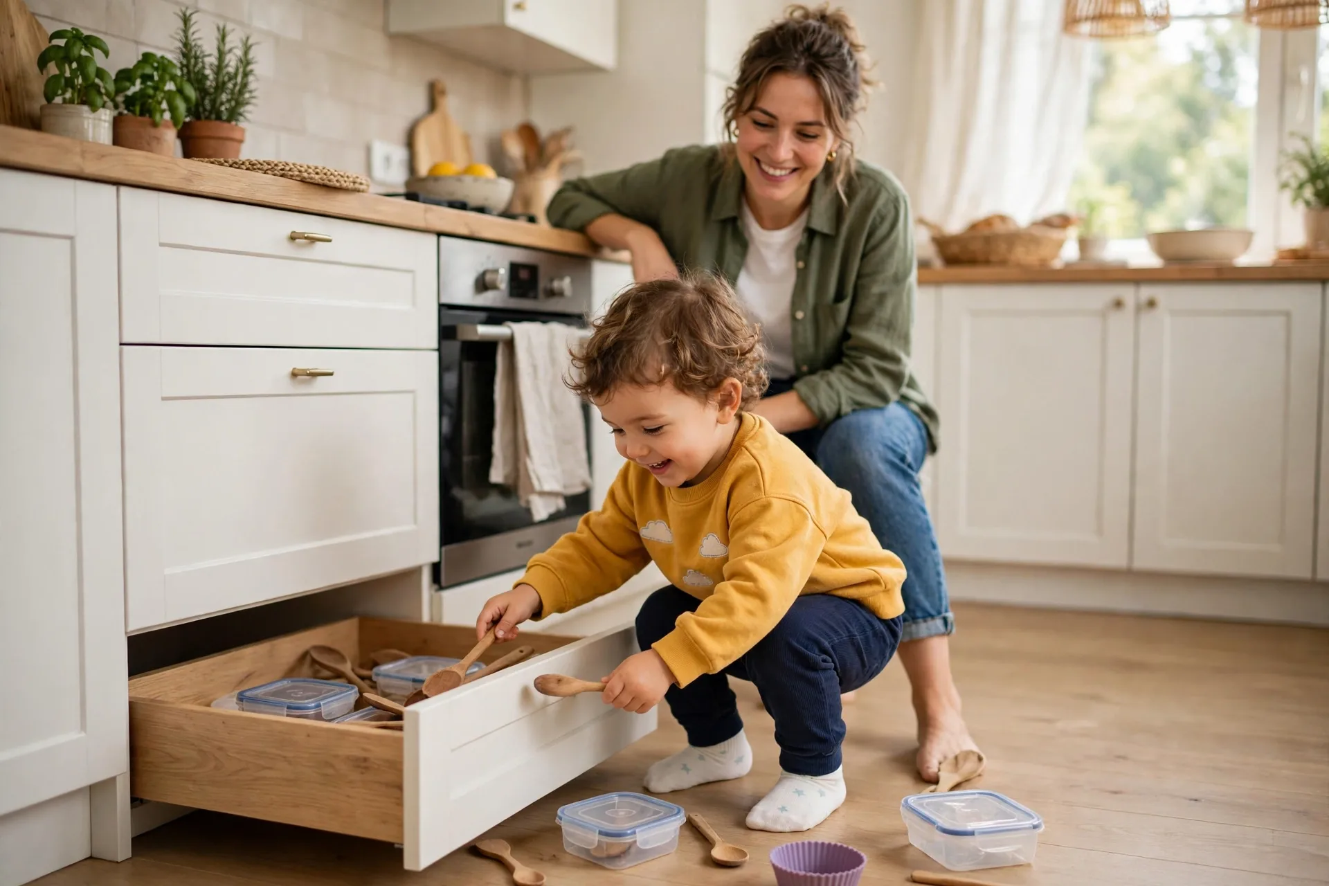 A toddler pulling wooden spoons and containers from a low kitchen drawer