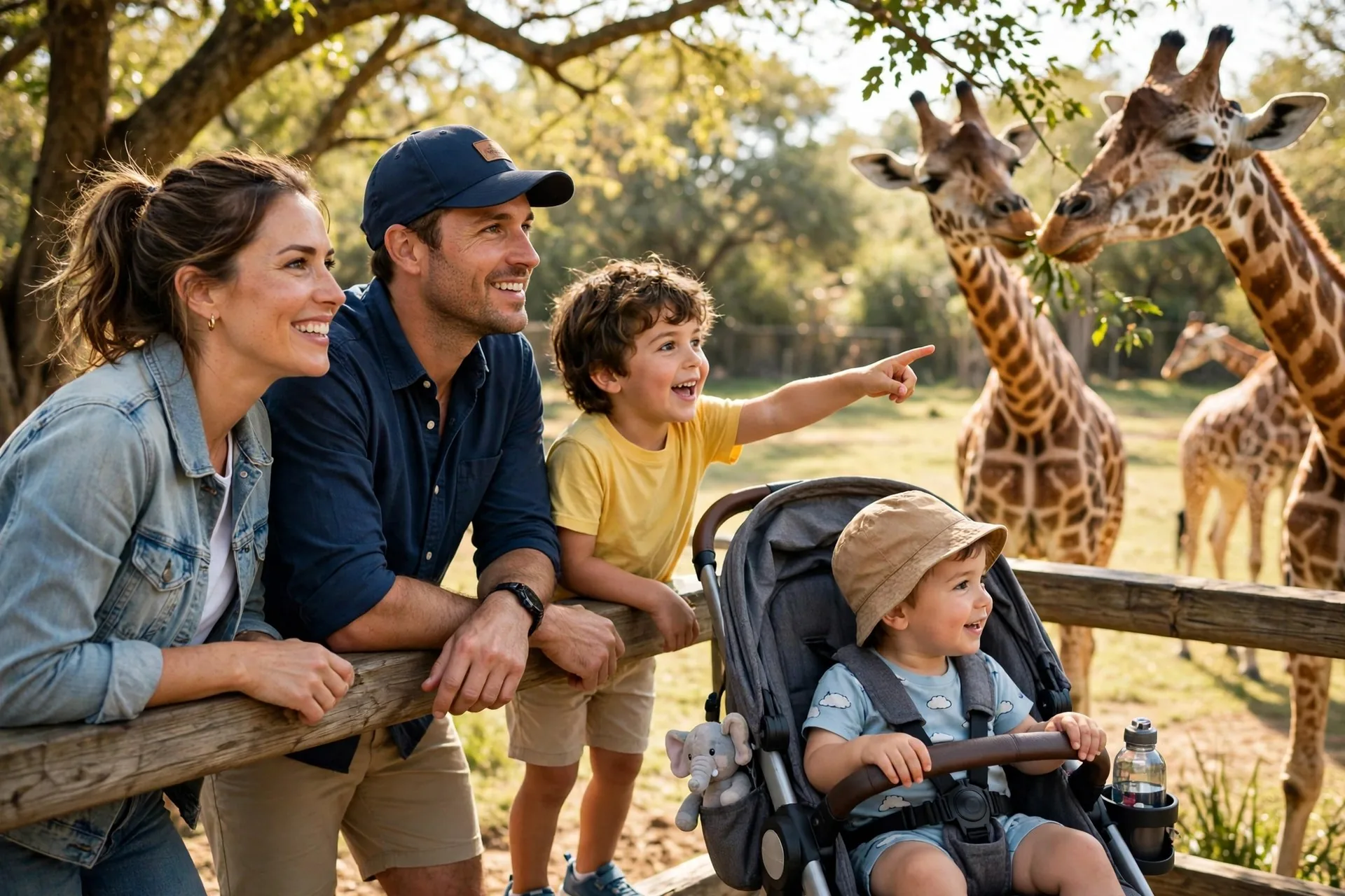 Family with two young kids watching giraffes at the zoo on a sunny day