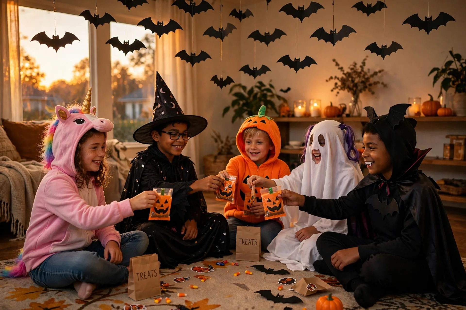 Kids passing treat bags in a circle for the great bat migration story with paper bats