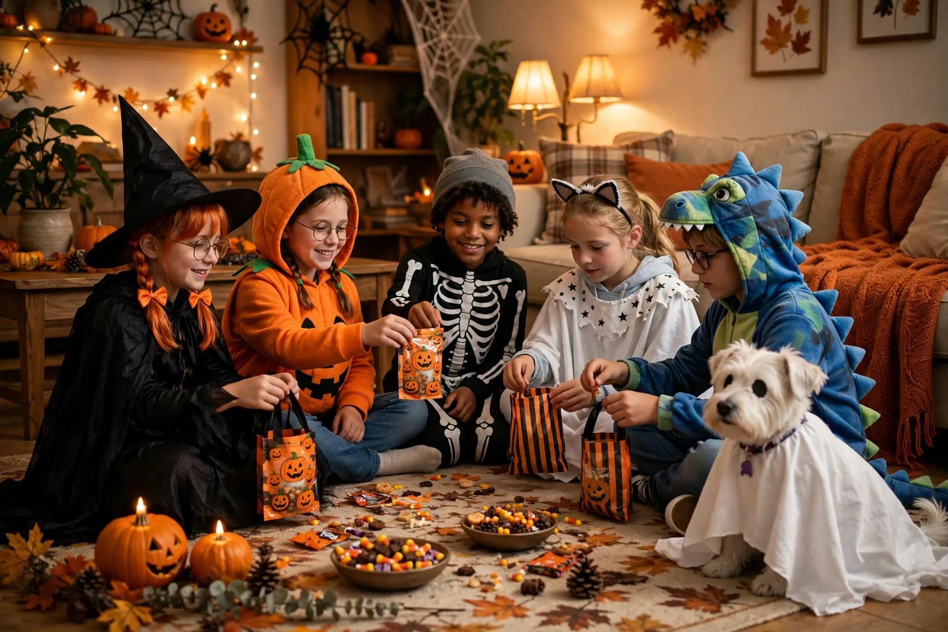 Kids passing treat bags in a circle for the ghost pup's first Halloween story with a puppy