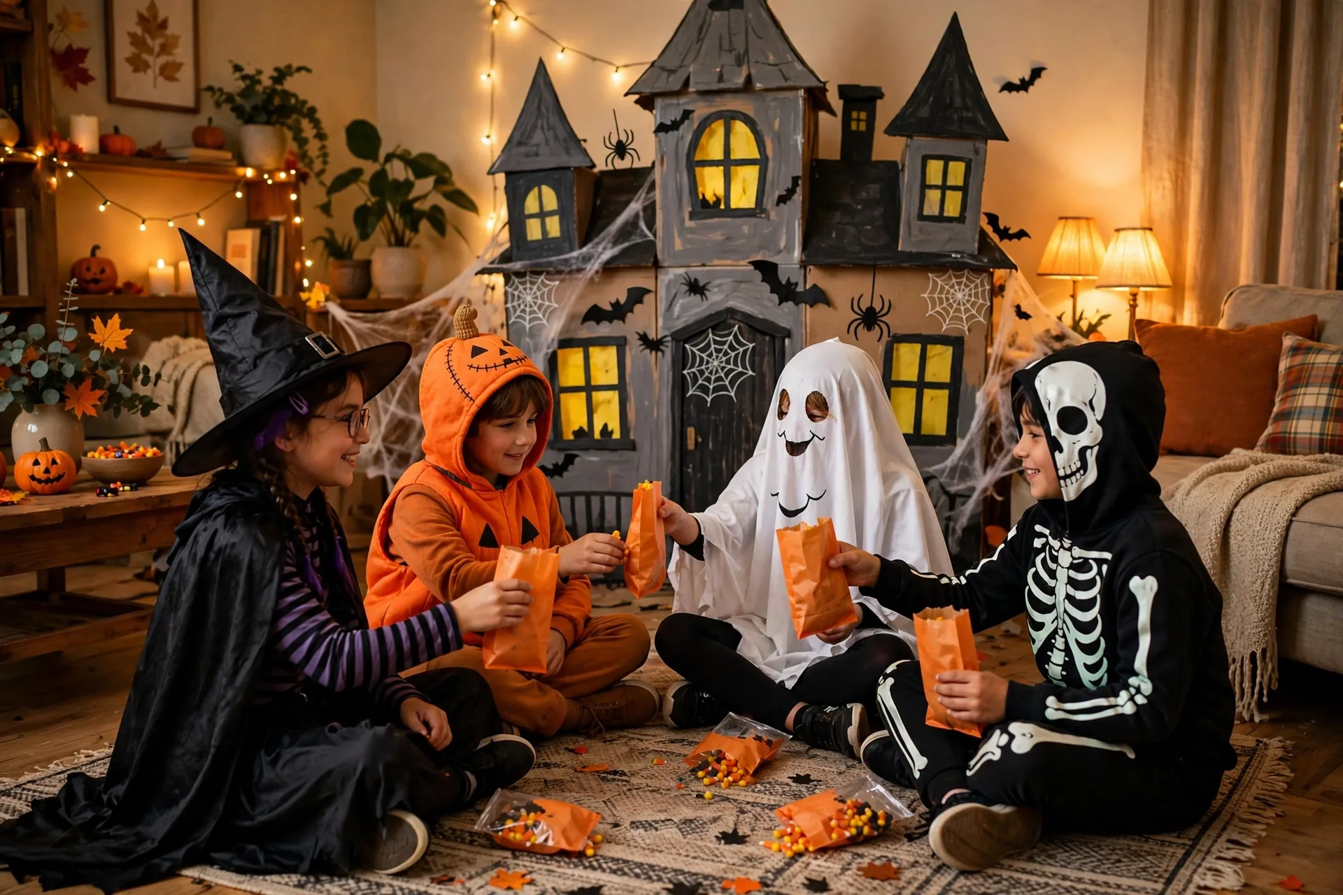 Kids passing treat bags in a circle for the haunted house on Maple Street story