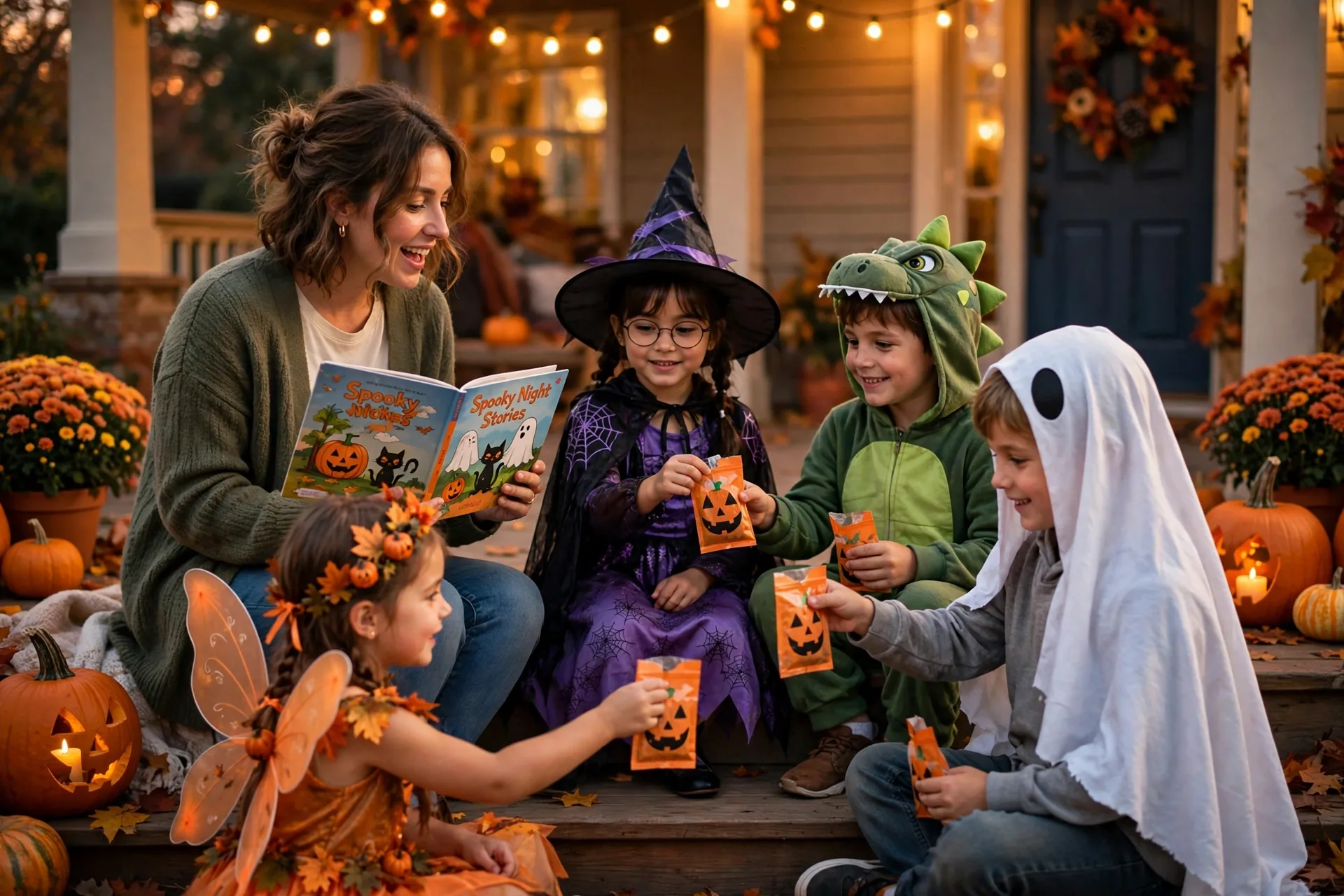 Kids passing treat bags in a circle while a mom reads the story of the missing pumpkins