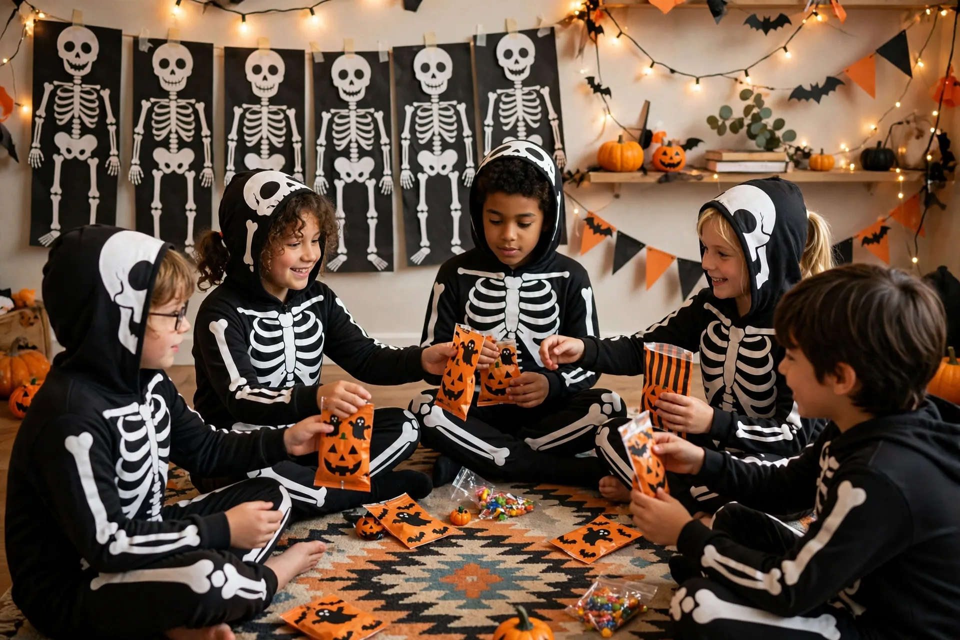 Kids passing treat bags in a circle for the skeletons in the parade story