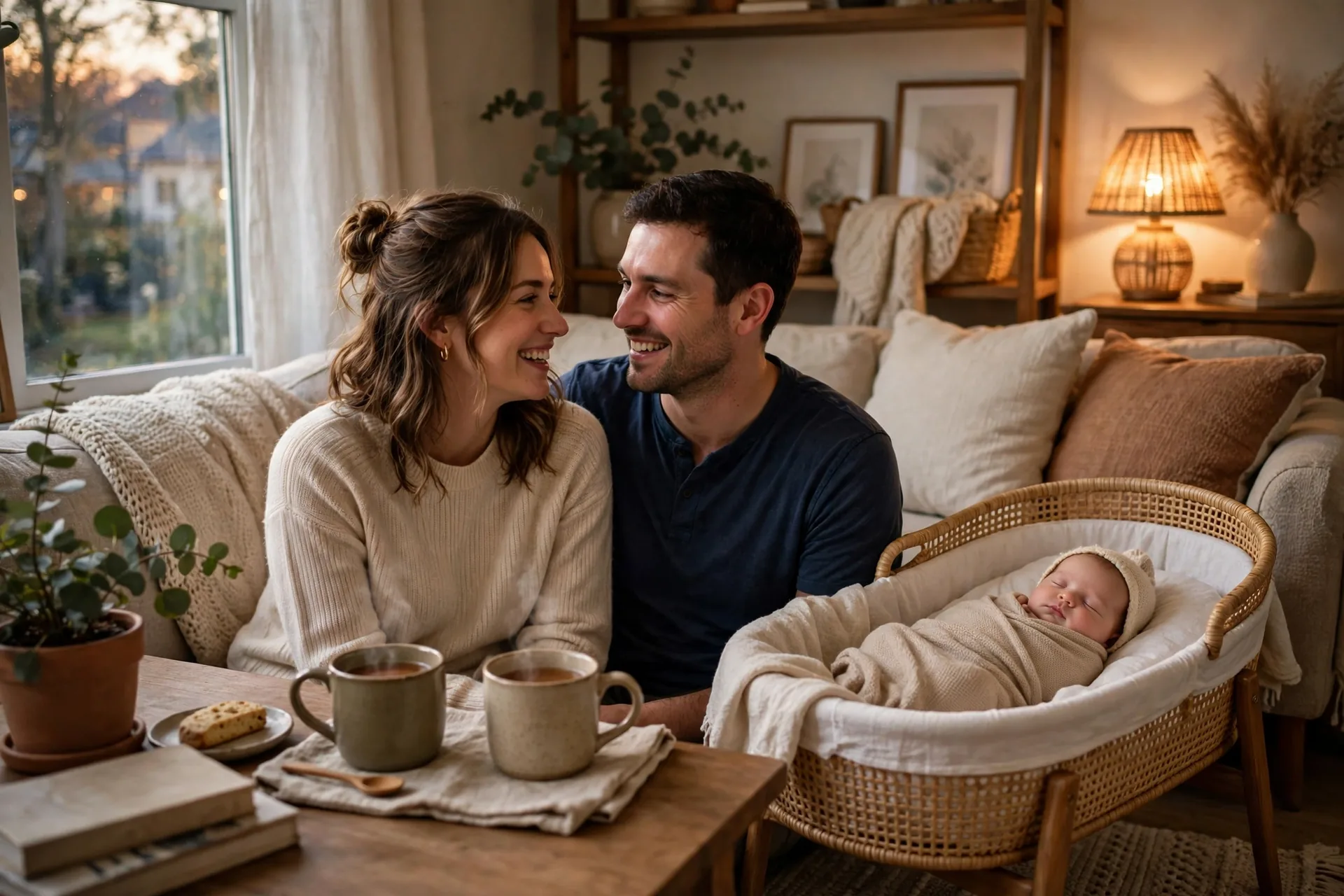 New parents sitting close on the couch, smiling at each other while their newborn sleeps in a wicker bassinet beside them