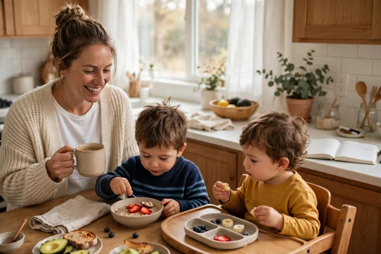 Mom with a mug of coffee smiling at her 4-year-old eating oatmeal and her toddler in a high chair at a bright kitchen table