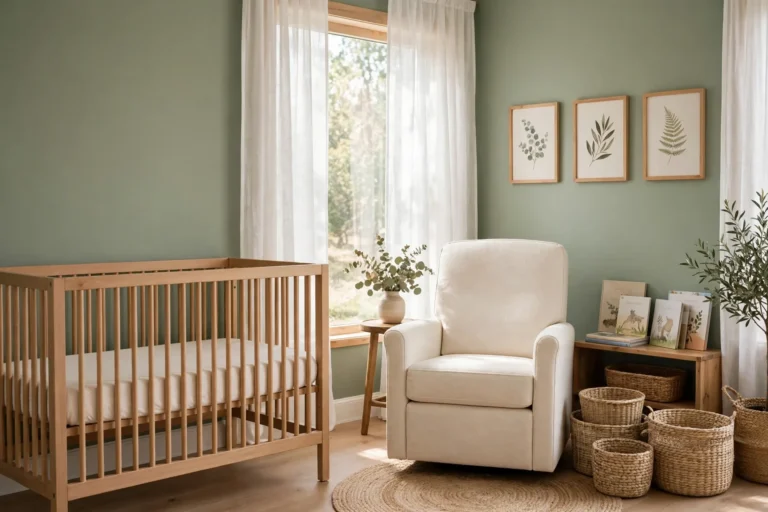 Sage green and warm white nursery with a natural wood crib with a fitted sheet only, a cream nursing chair, woven storage baskets, and a low bookshelf with picture books
