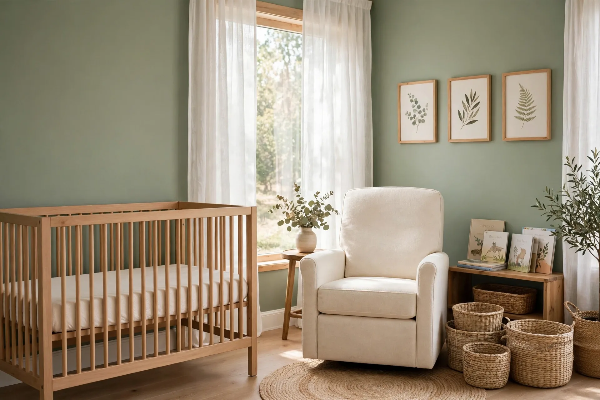 Sage green and warm white nursery with a natural wood crib with a fitted sheet only, a cream nursing chair, woven storage baskets, and a low bookshelf with picture books