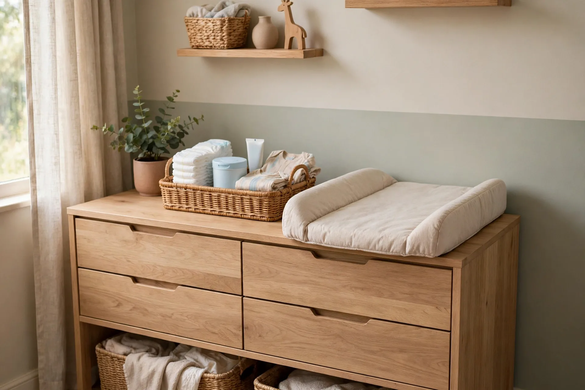 A nursery changing station with a small caddy of diapers, wipes and cream within arm's reach of the pad