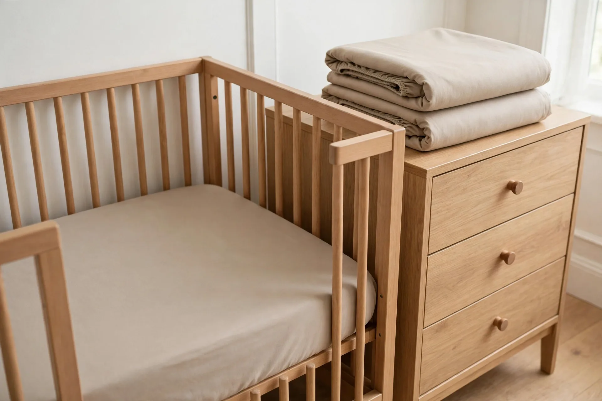 A safe empty nursery crib with a firm mattress and fitted sheet only, folded fitted sheets stacked on a dresser beside it