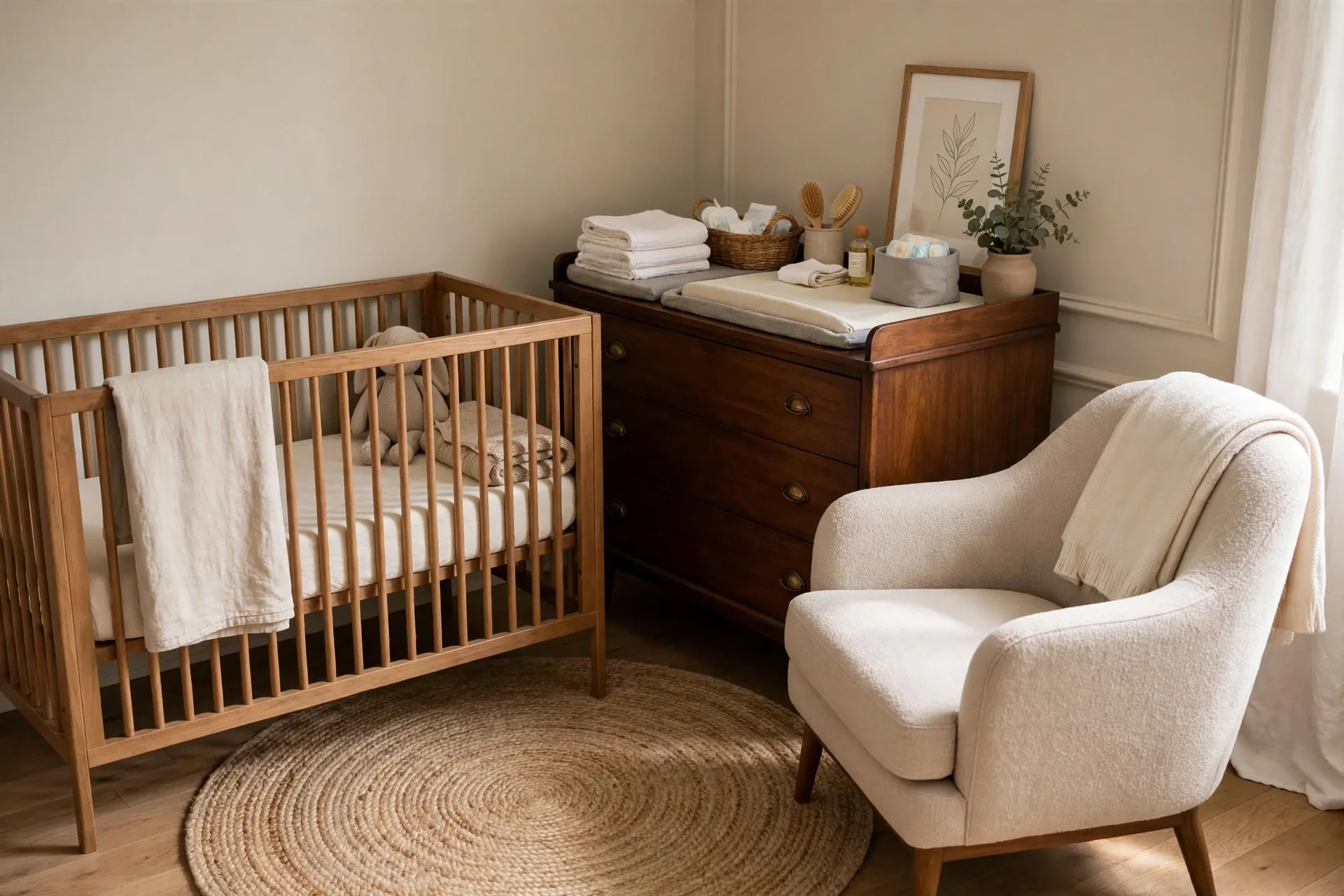 One corner of a parents bedroom set up as a nursery with a crib, a changing setup and a chair