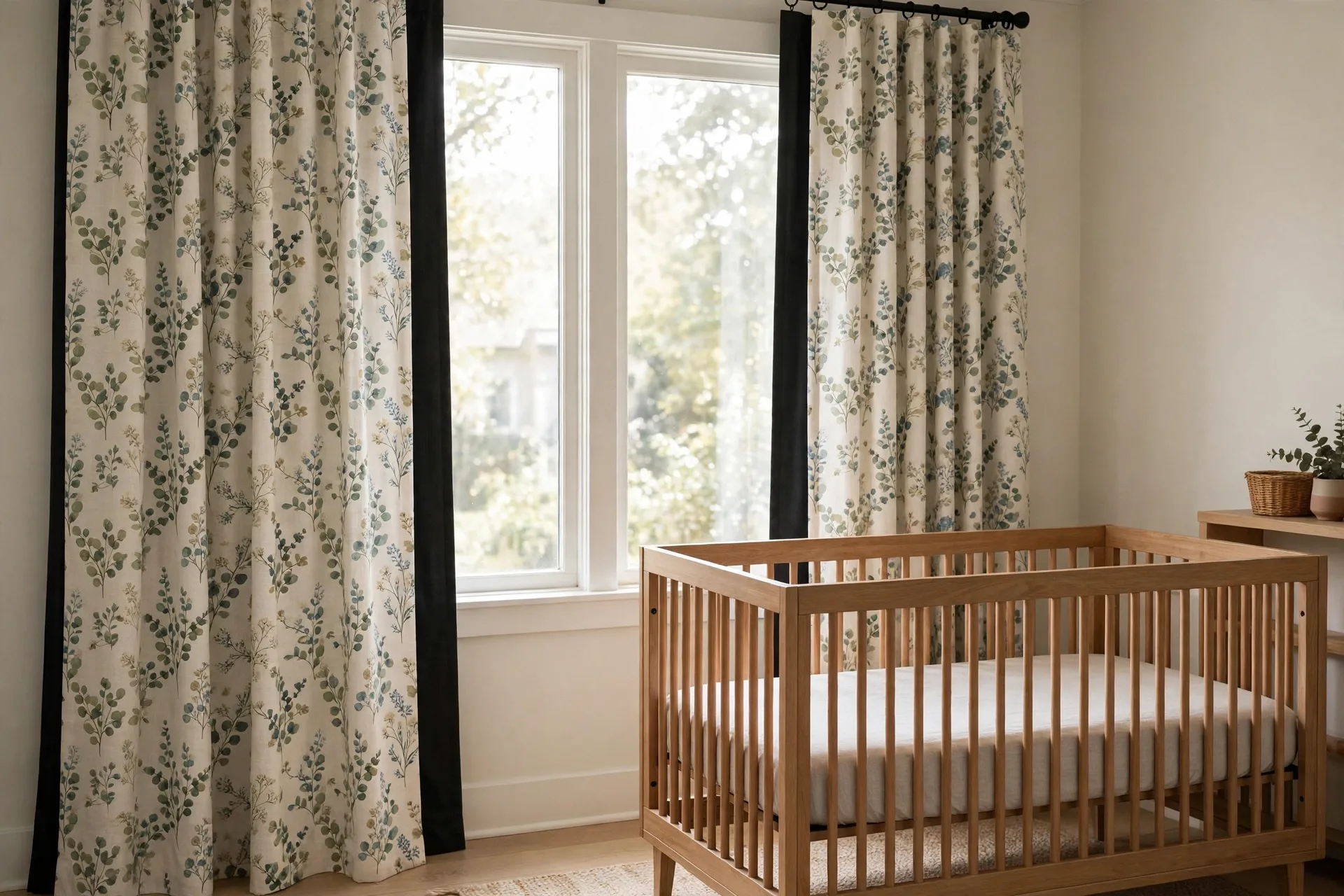 A nursery window with pretty patterned curtains and blackout lining behind them