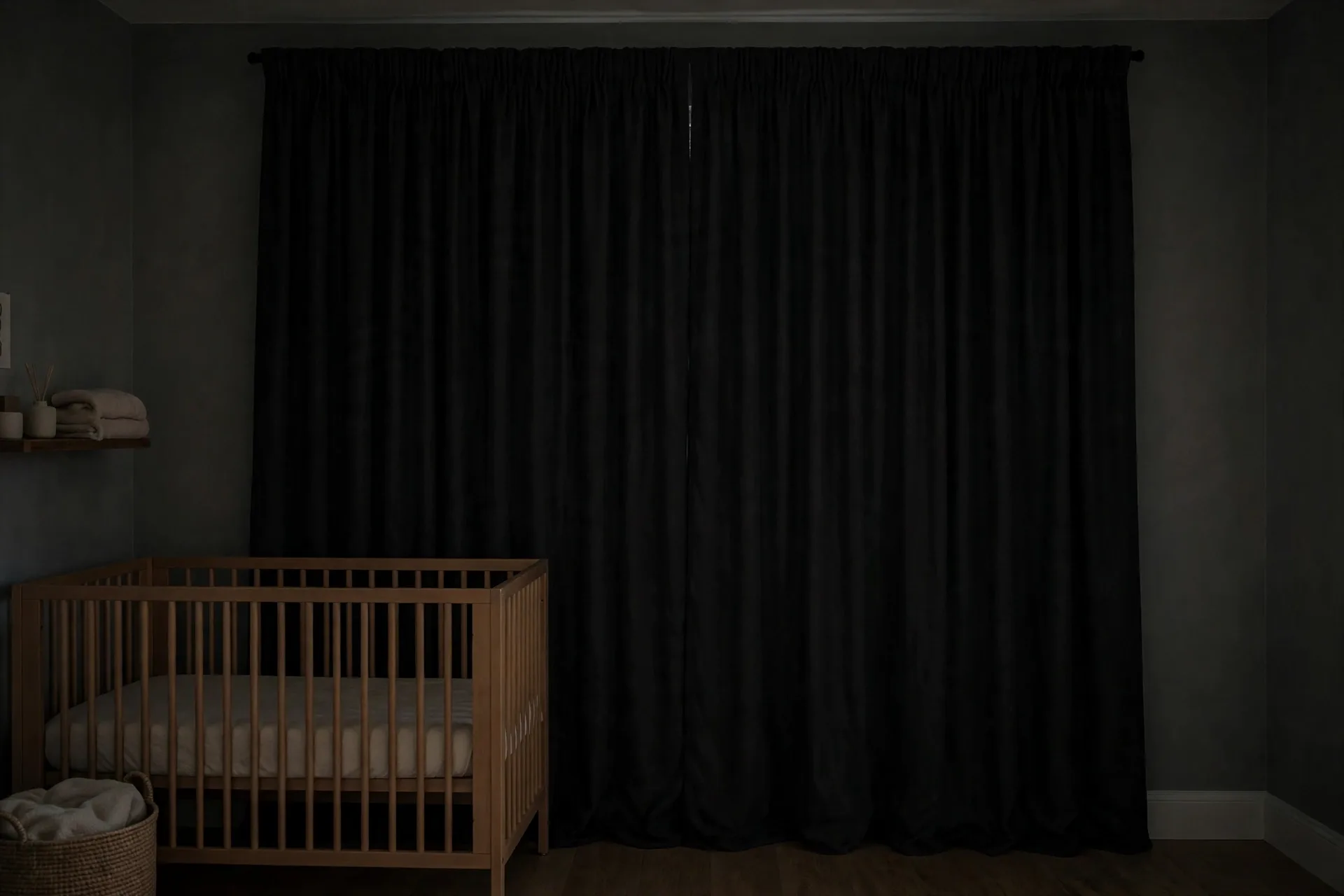 A nursery window with dark blackout curtains drawn and cordless blinds, a crib with fitted sheet only nearby