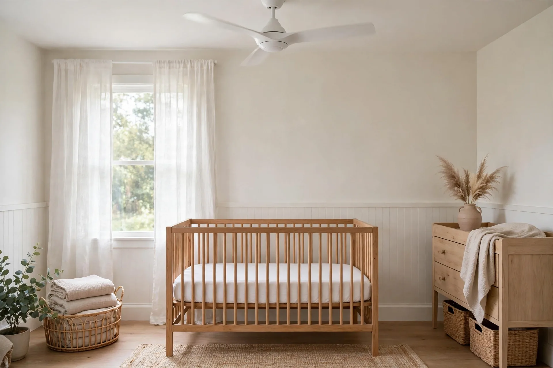 A white ceiling fan turning slowly on low above a nursery crib with fitted sheet only