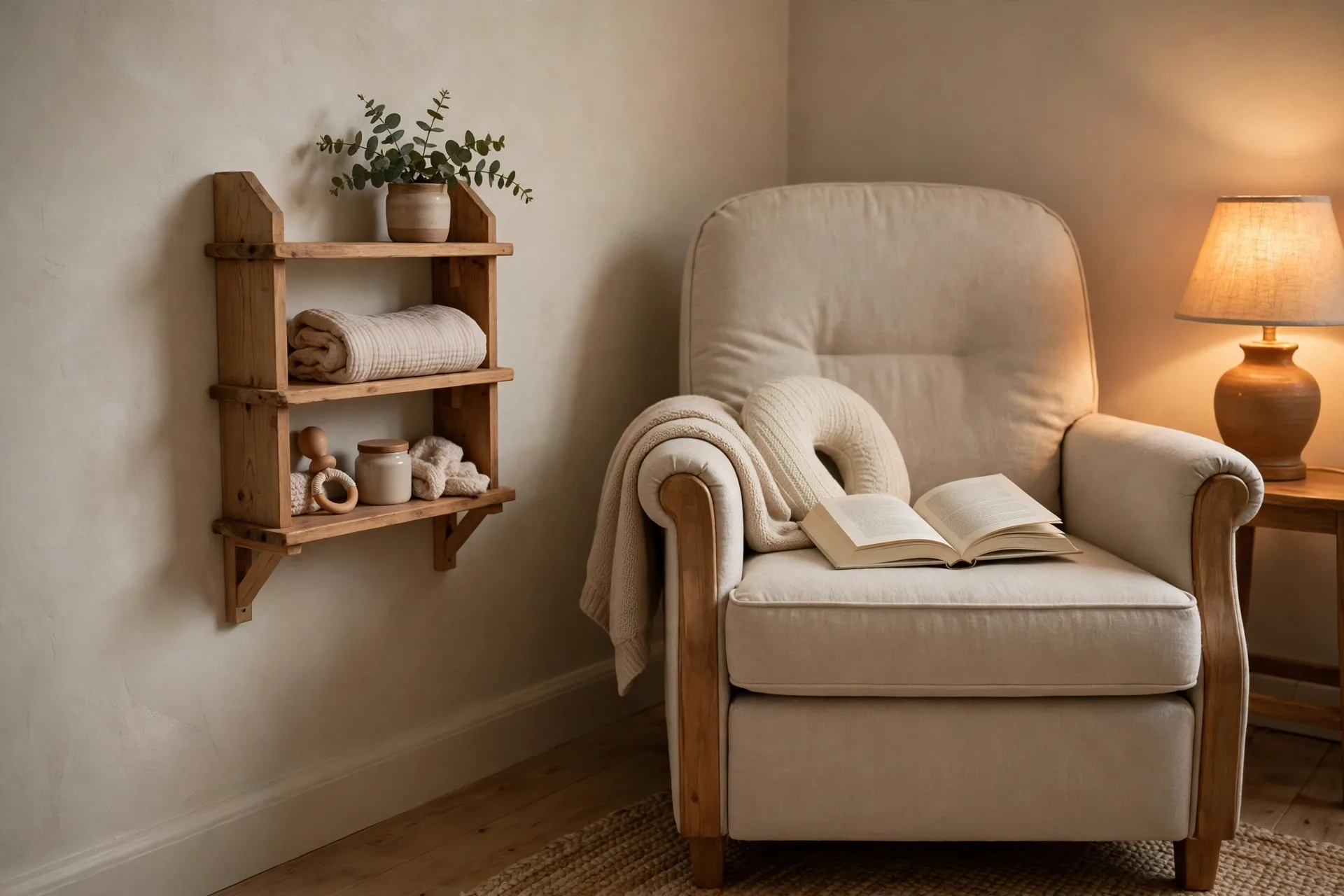 A small wooden wall shelf at chair height beside a nursery nursing chair holding the book being read