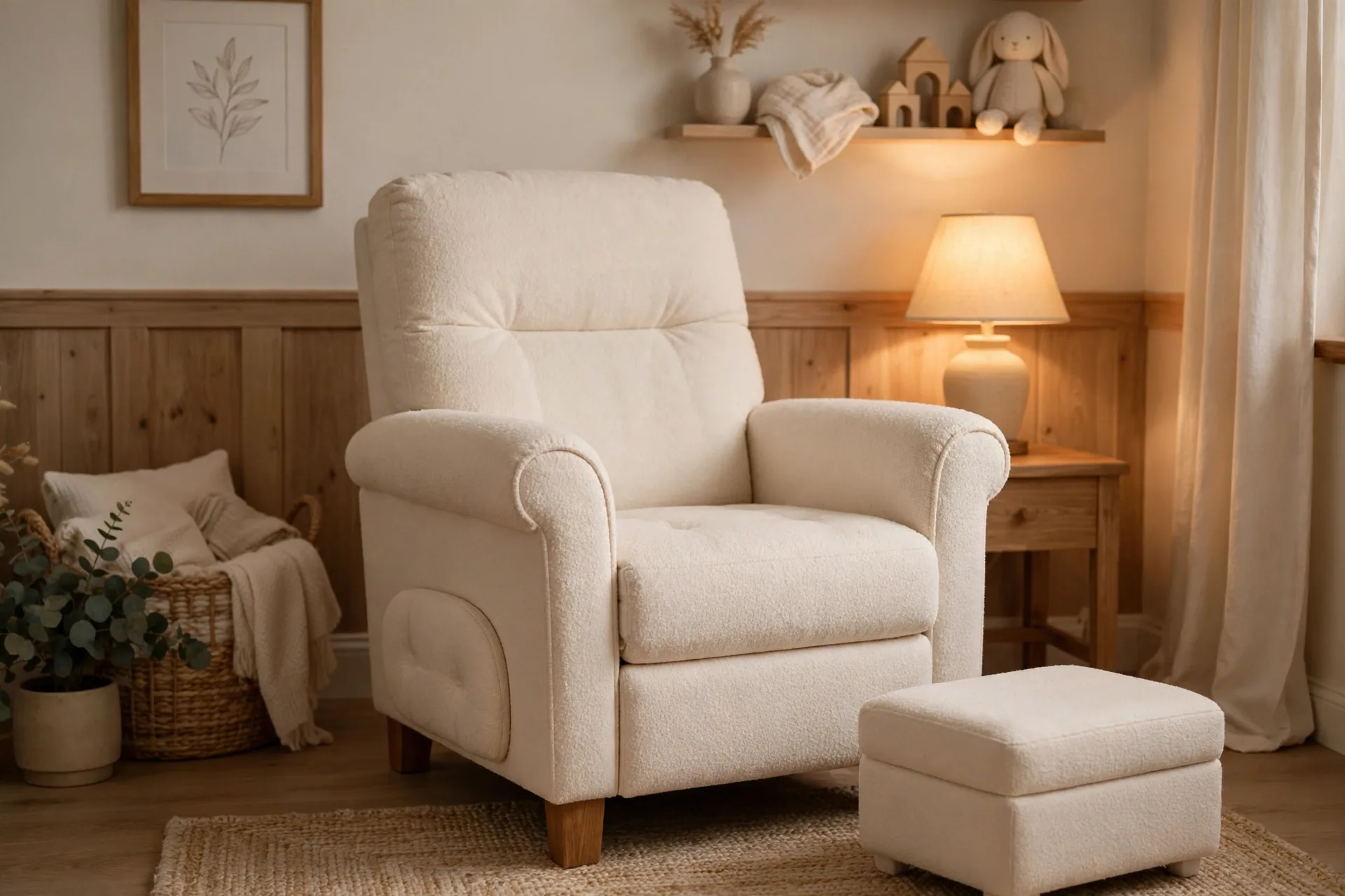 A comfortable nursery nursing chair with good back support and wide armrests and a small footstool beside it
