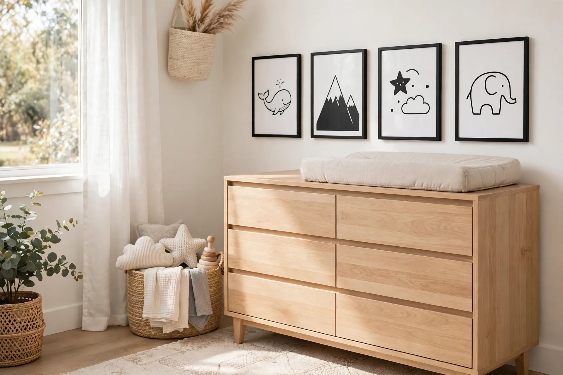 A nursery changing area with high-contrast black and white art prints hung low beside the changing pad