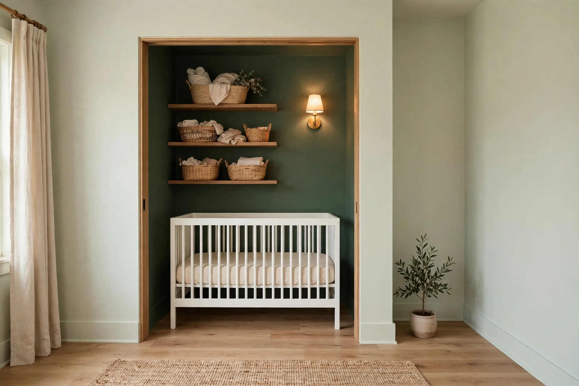 A nursery nook inside a closet with deeper sage walls, a white mini crib and a soft wall light