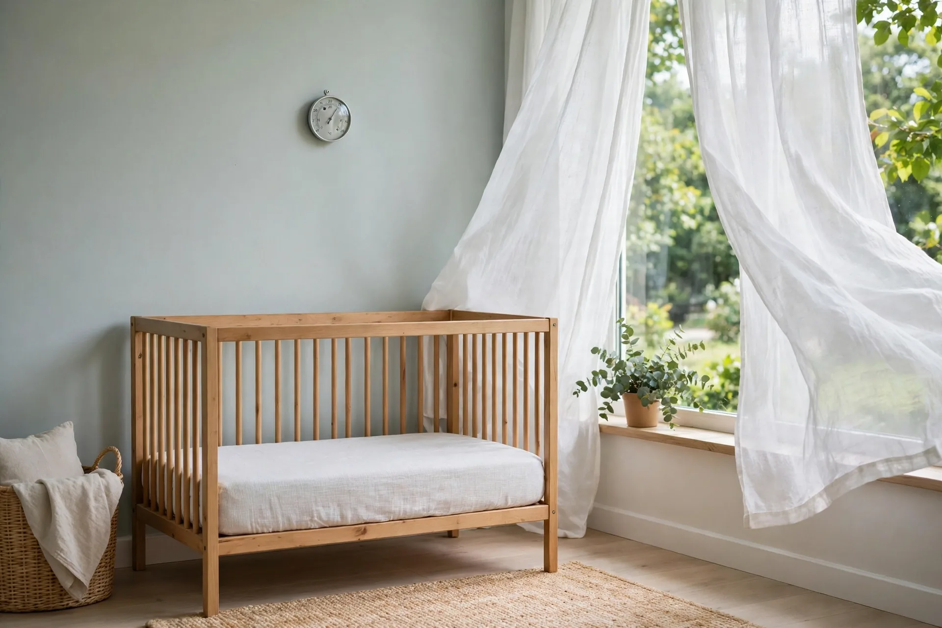 A cool comfortable nursery with a small thermometer on the wall and a bare crib with fitted sheet only