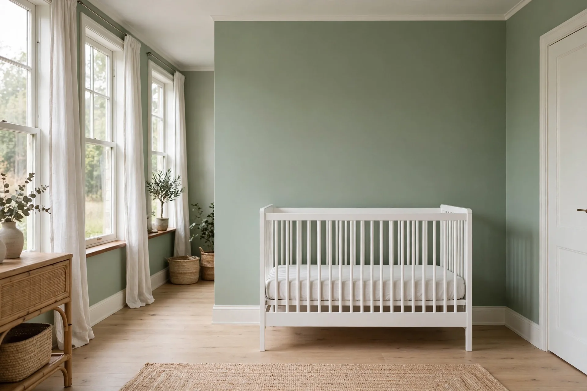 A nursery with a white crib placed against an interior wall away from windows, bare crib with a fitted sheet only