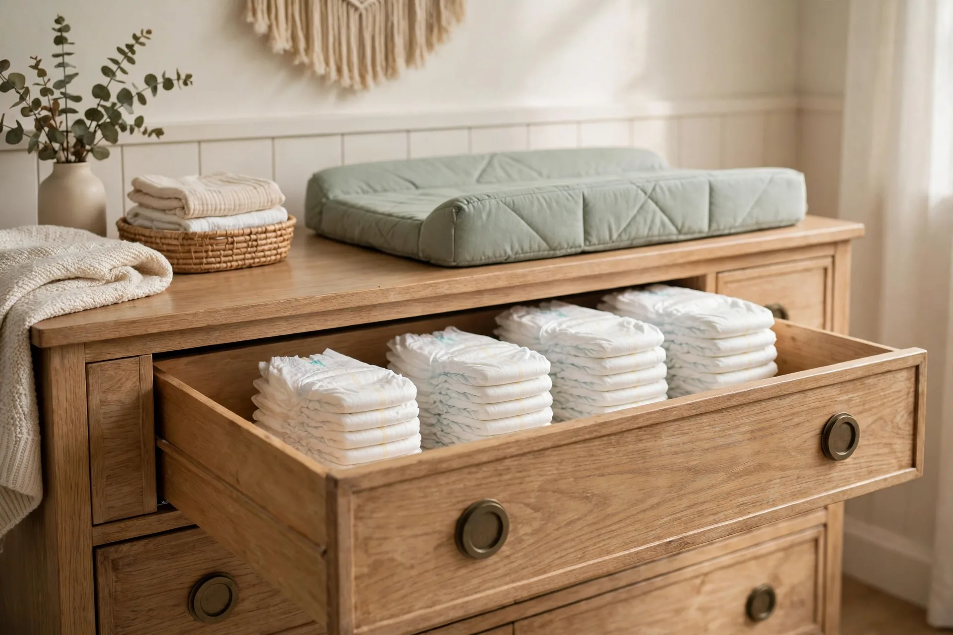 A nursery dresser top drawer open showing diapers neatly stacked by size