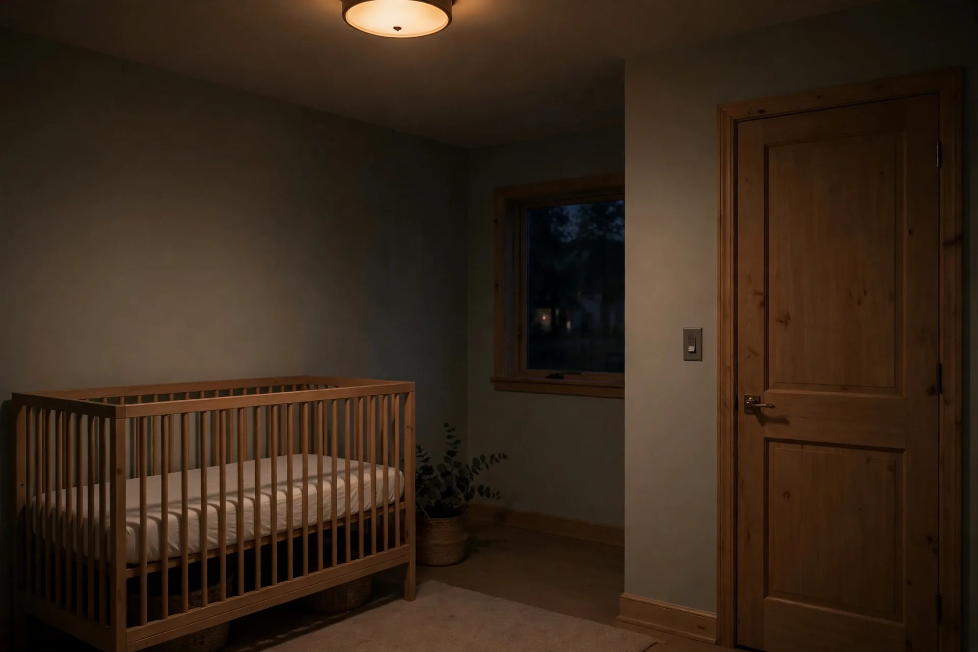 A dim nursery at night with the overhead light glowing very low and warm