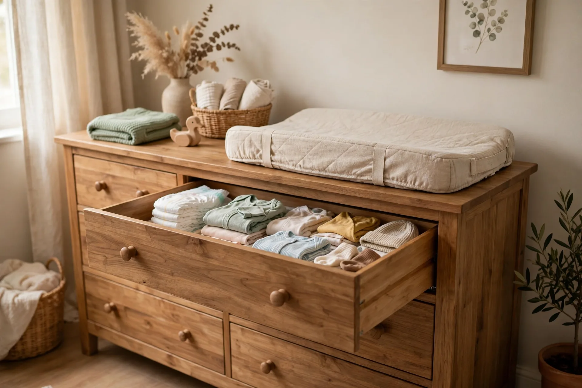 A wide nursery dresser with a changing pad on top and the top drawer open showing folded diapers