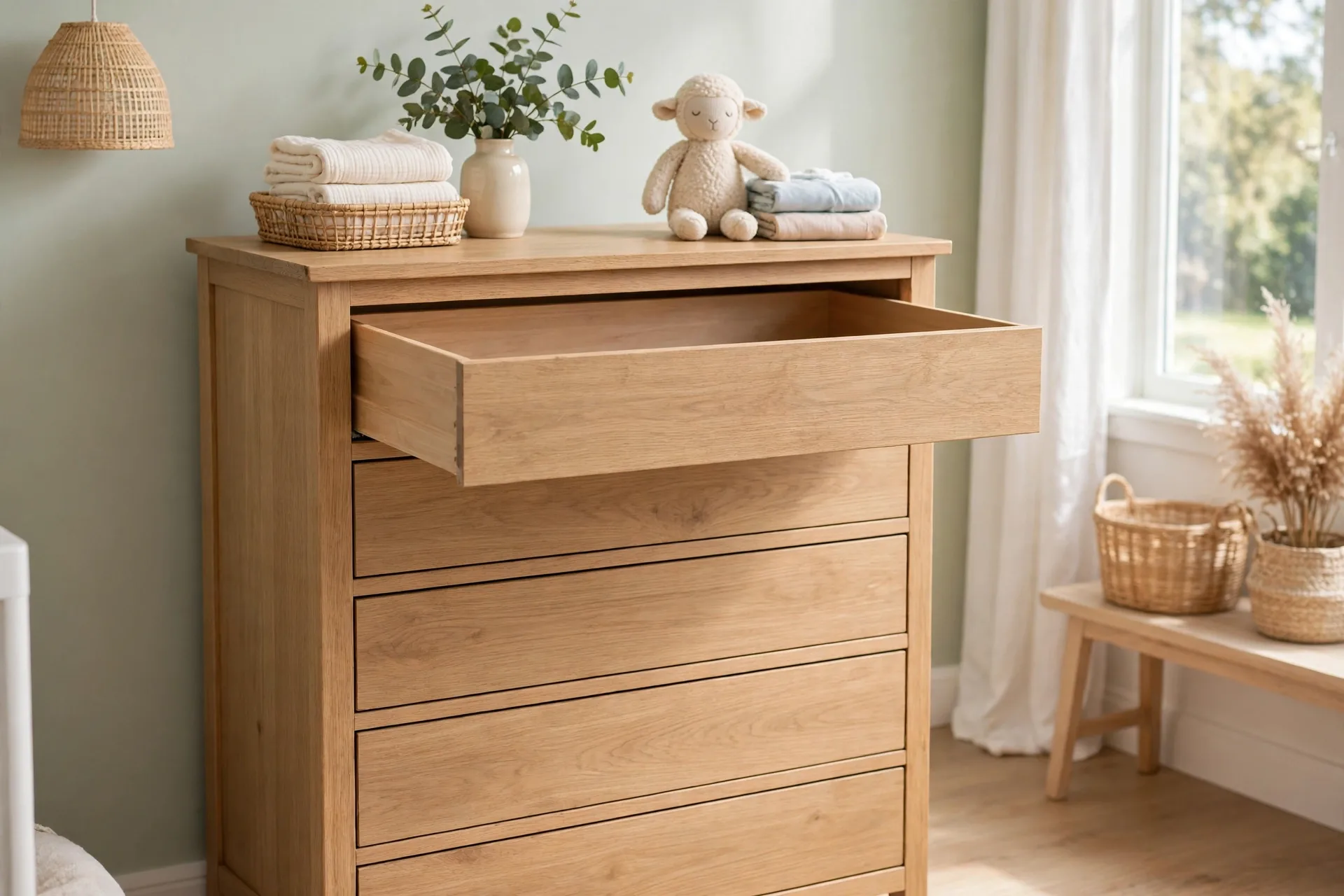 A nursery dresser with one drawer left open and empty, other drawers neatly organized