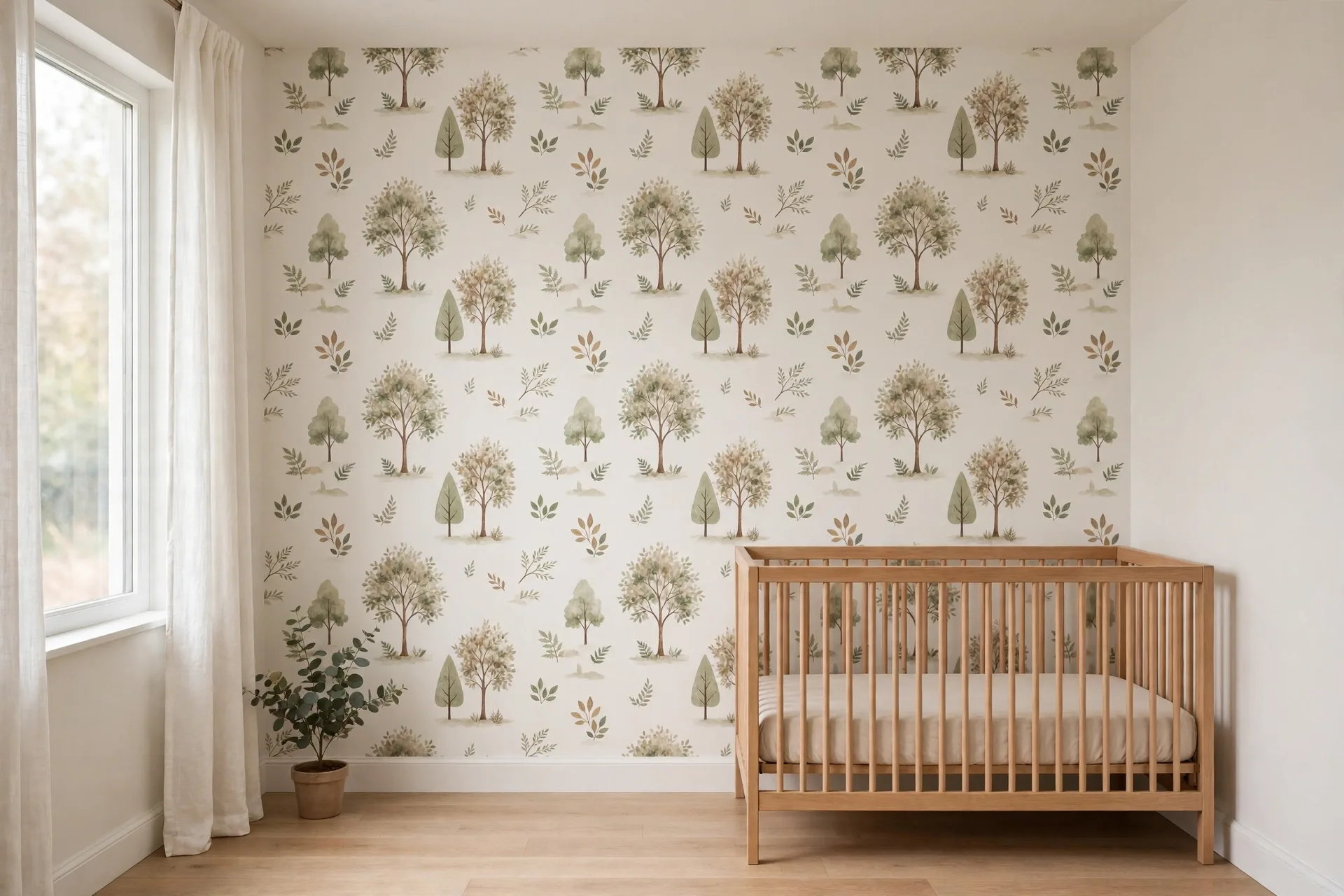 A nursery feature wall with soft peel-and-stick woodland wallpaper and three plain warm white walls