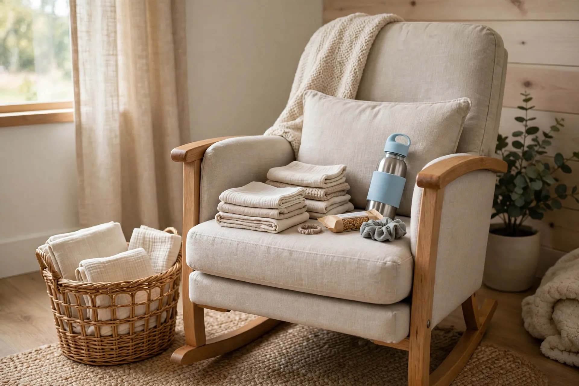 A woven basket beside a nursery chair stocked with burp cloths, a water bottle, a snack bar and a hair tie